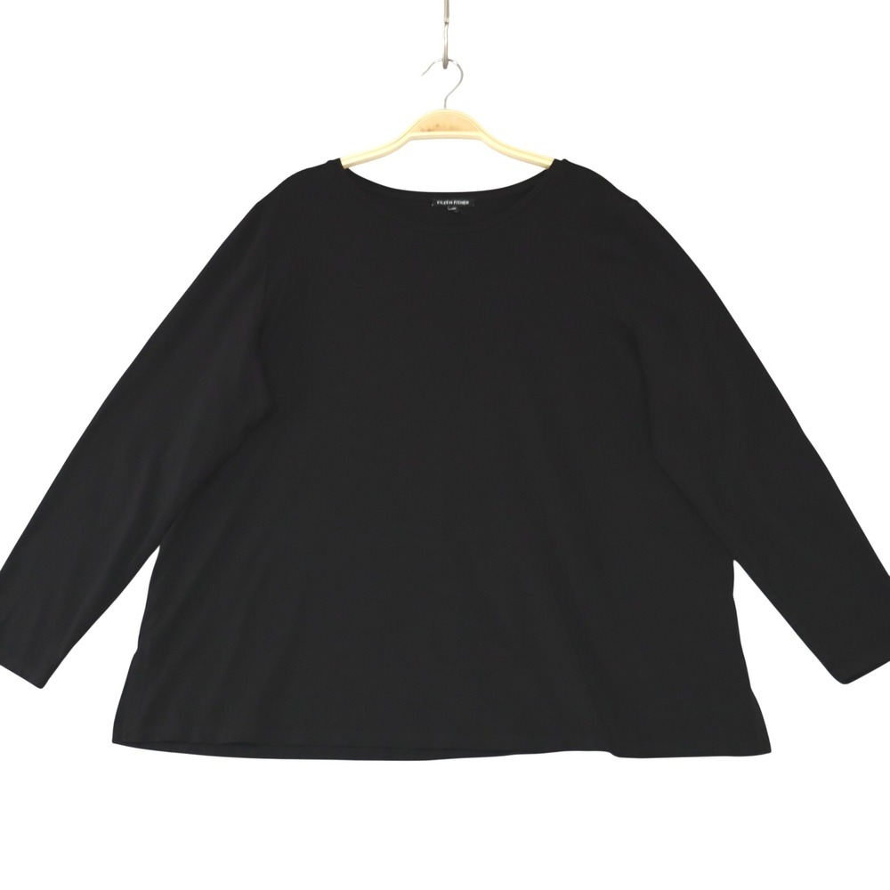 Eileen Fisher Lyocell Jersey Long Sleeve Casual Top 1X Black Scoop Neck Slit Hem